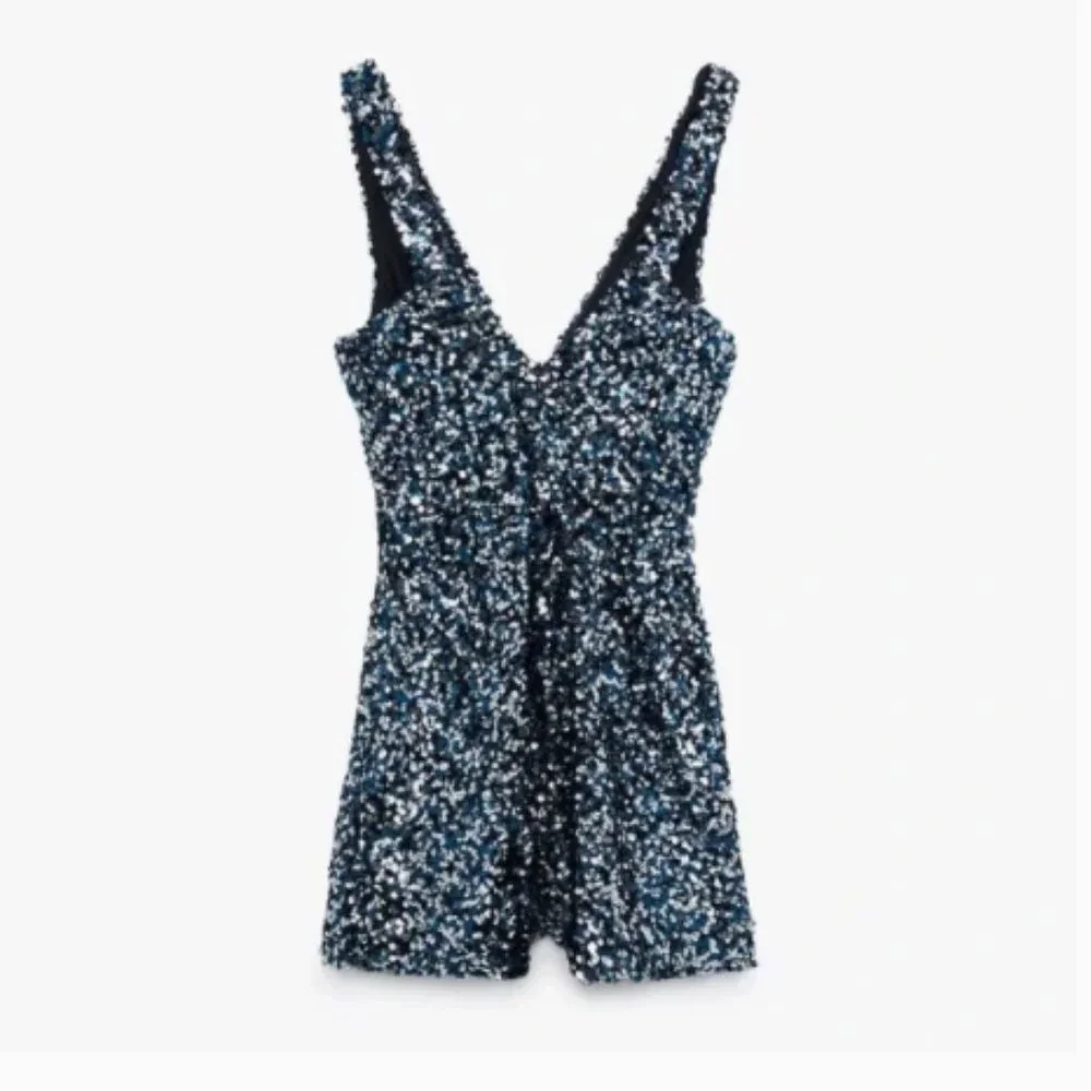 BLOGGER'S FAVE! Zara Silver/Blue Short Sequin Jumpsuit Sz M NWT